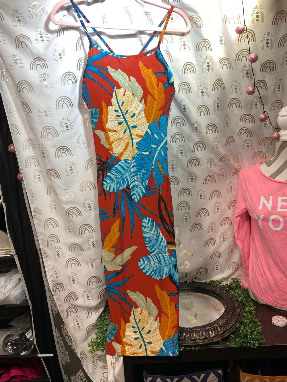 Tropical Red Midi Dress with Blue & Yellow Leaf Print